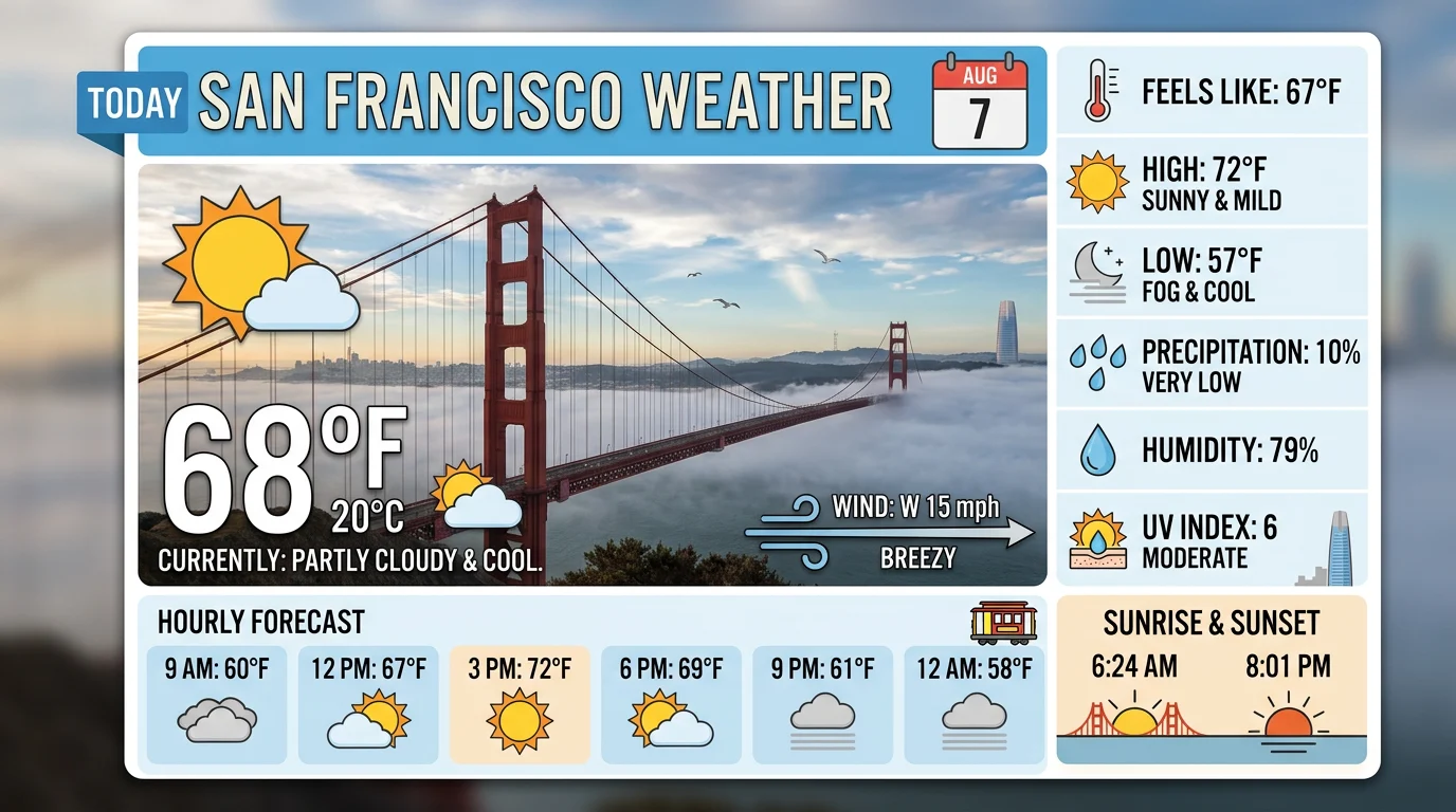 Una tarjeta del clima de San Francisco con fecha del 7 de agosto, con la temperatura, las máximas y mínimas, la humedad y un pronóstico por horas