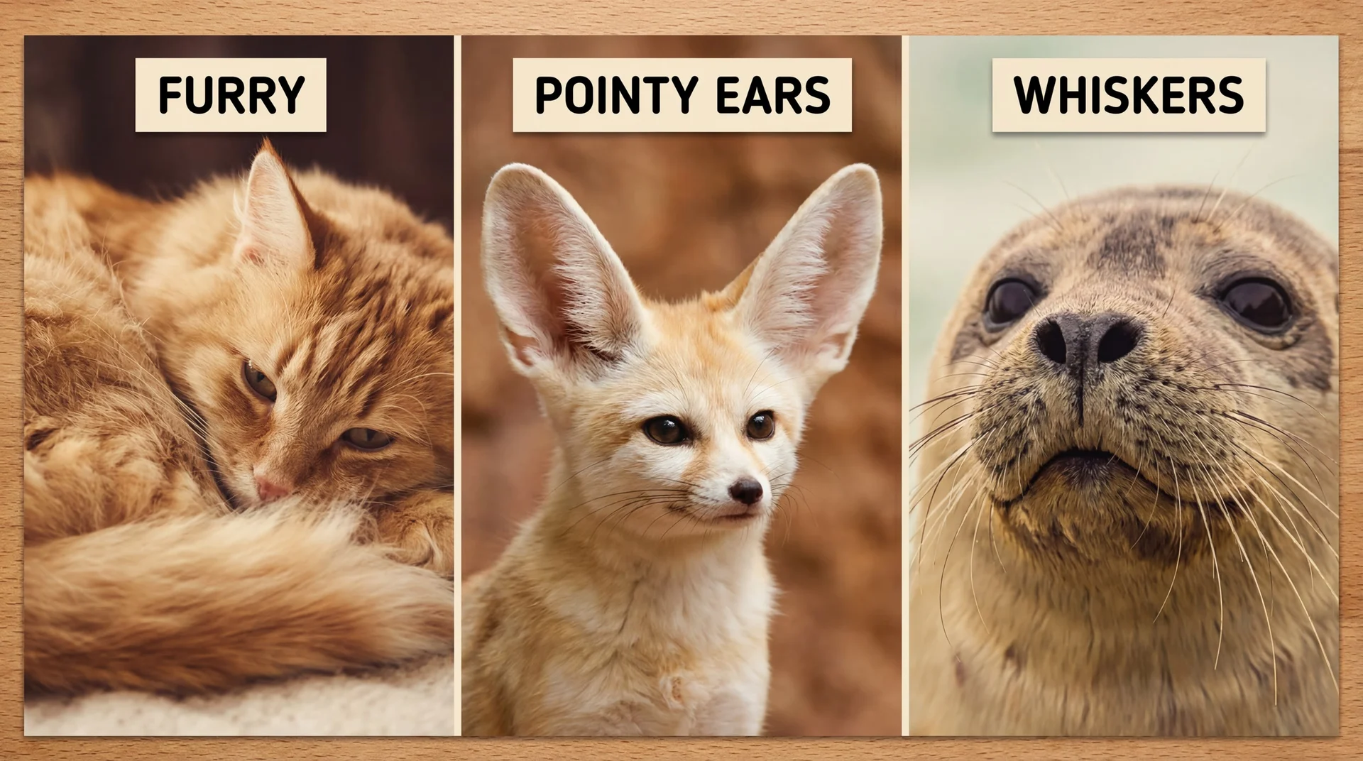 Three photos side by side: furry fur, pointy ears and whiskers
