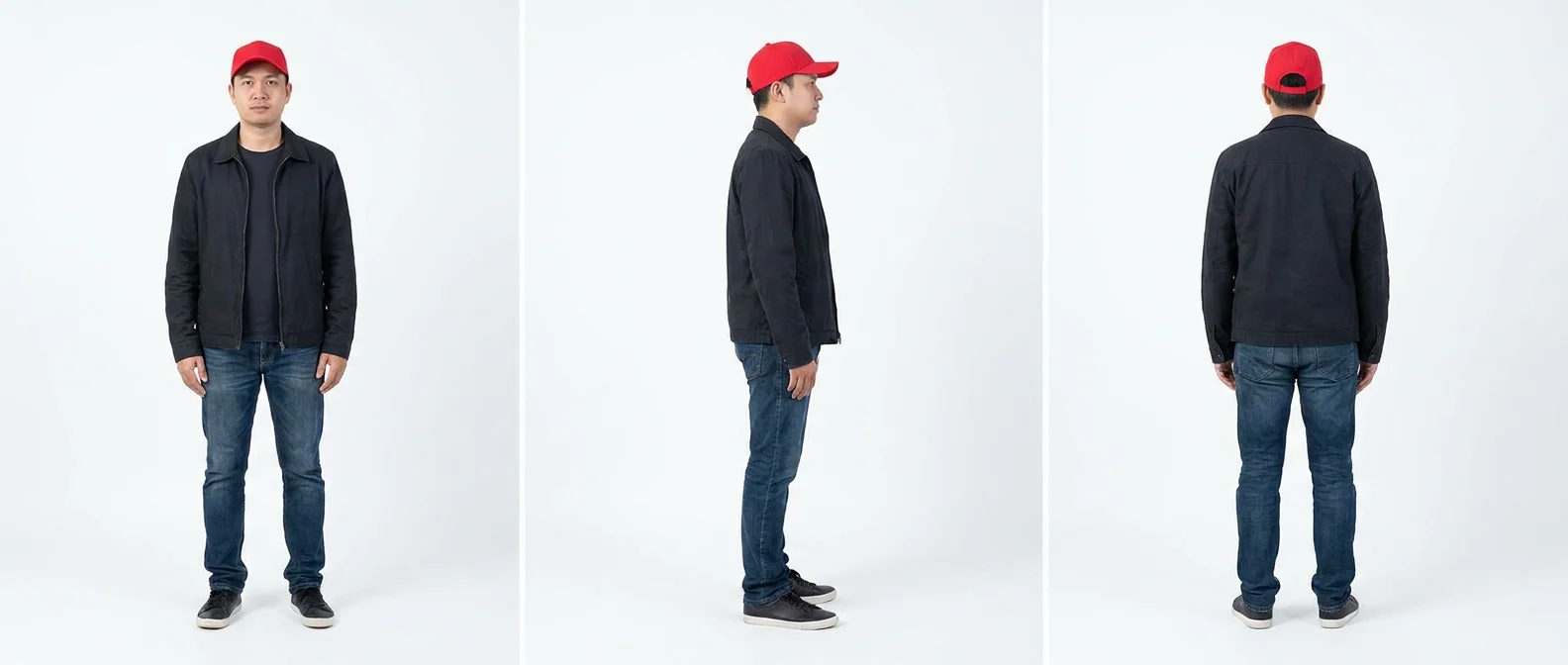 赤いキャップ、黒っぽいジャケット、ジーンズの男性の正面・側面・背面
