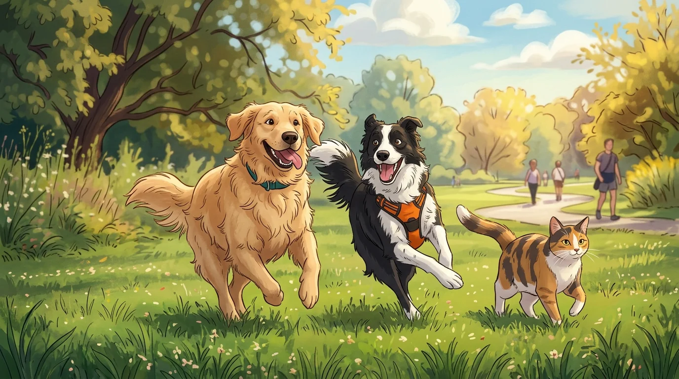 Los dos perros y el gato redibujados como una escena de película animada dibujada a mano