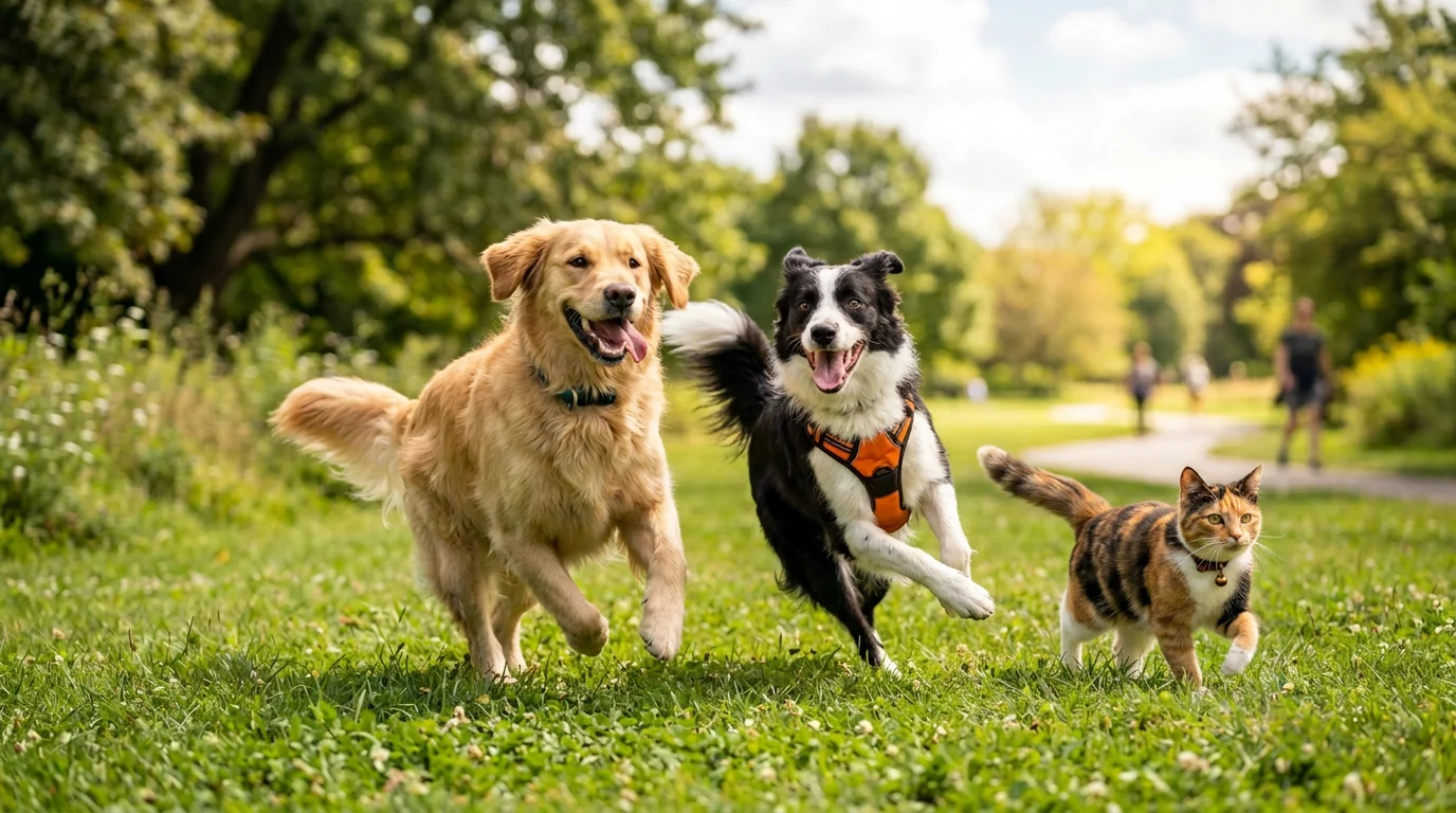 Los mismos dos perros con un gato tricolor añadido, corriendo a su lado