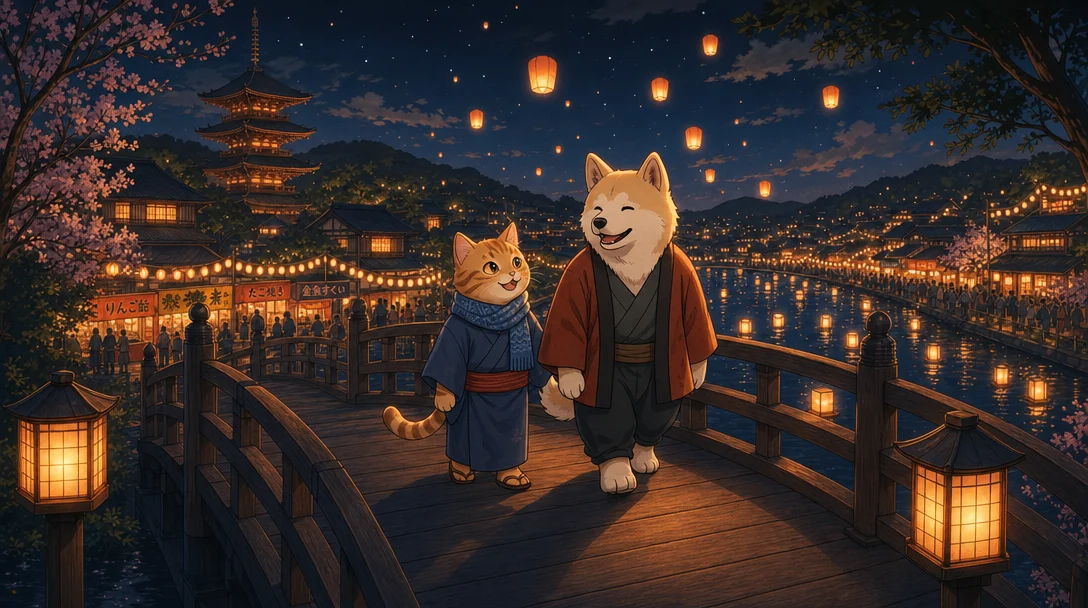Último fotograma hecho con GPT Image 2: el gato y el perro sobre un puente de madera con una pagoda detrás