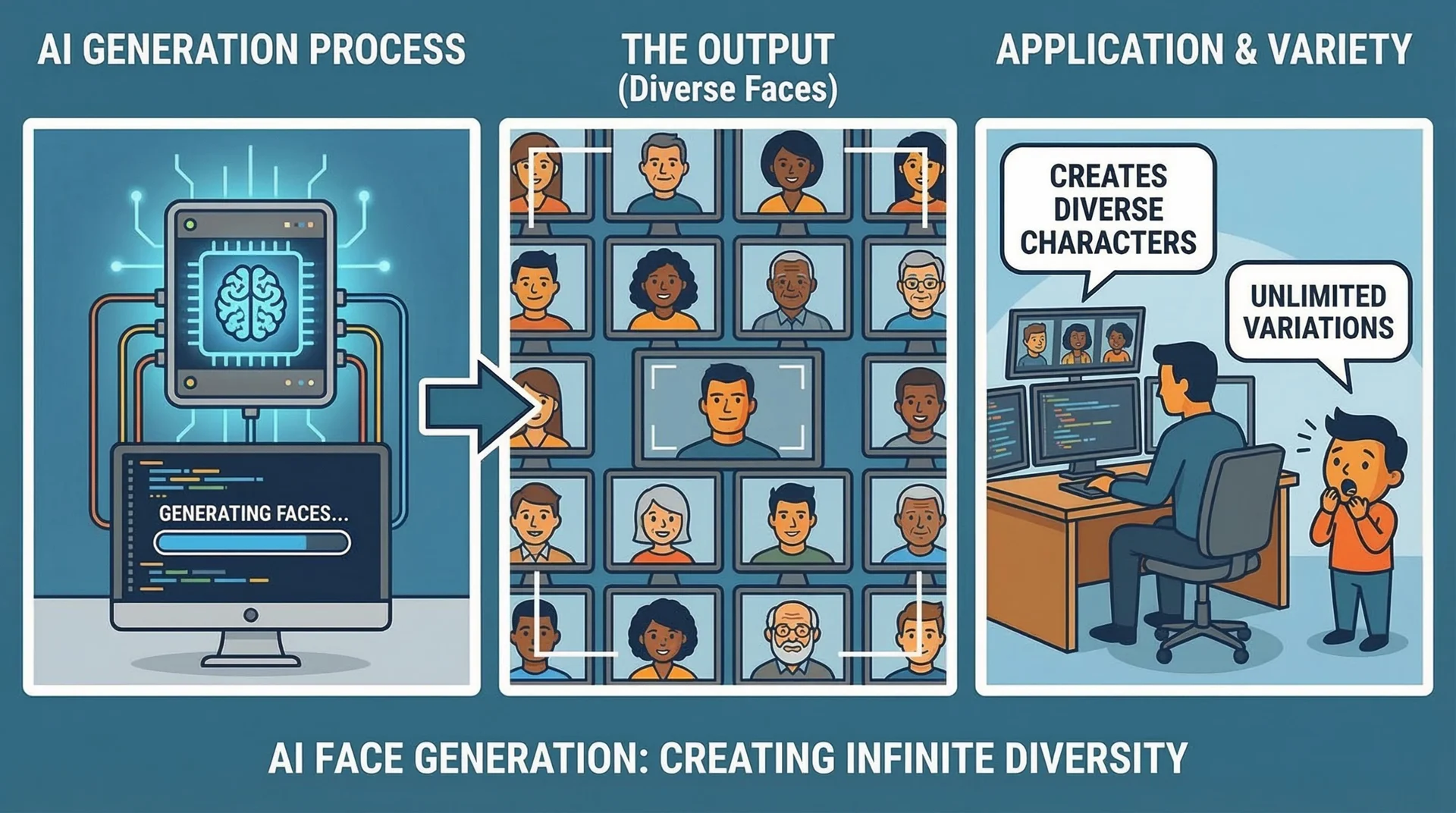 Comic panels of a computer generating a wall of different faces