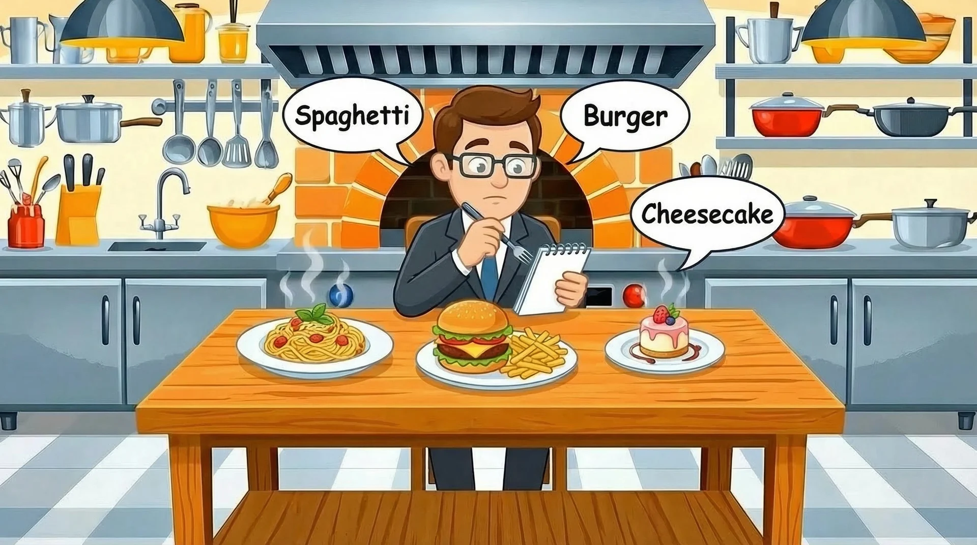 A cartoon food critic at a table, labeling spaghetti, a cheeseburger and a cheesecake
