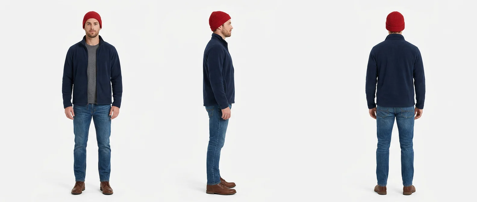 赤いニット帽、紺のジャケット、ジーンズの男性の正面・側面・背面