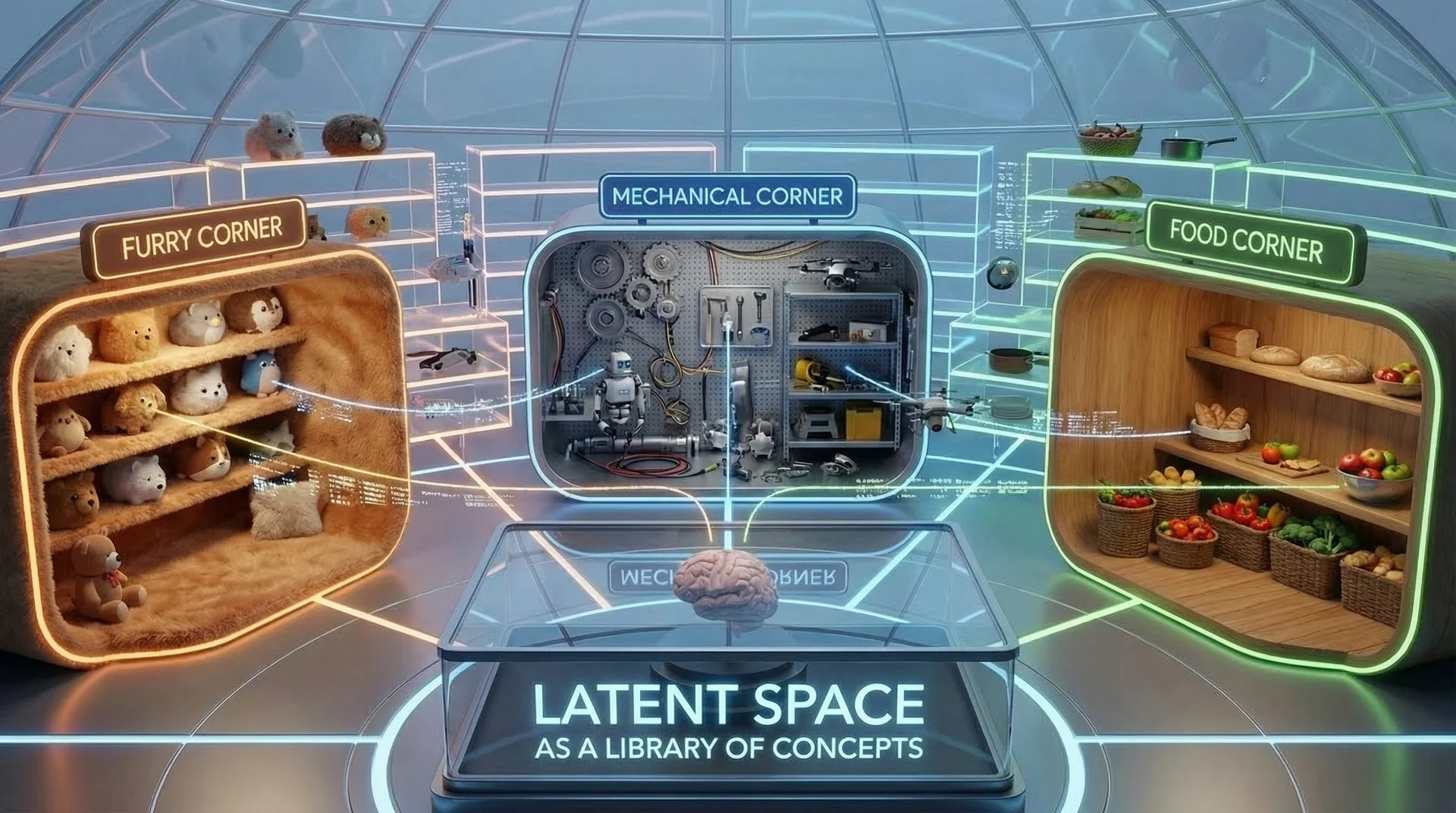 An illustrated library room with a furry corner, a mechanical corner and a food corner, labeled Latent space: a library of concepts