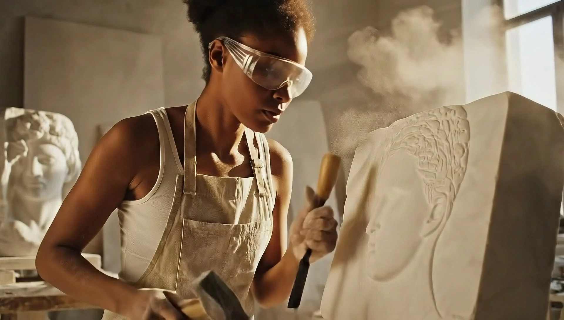 A sculptor chiseling a block of stone