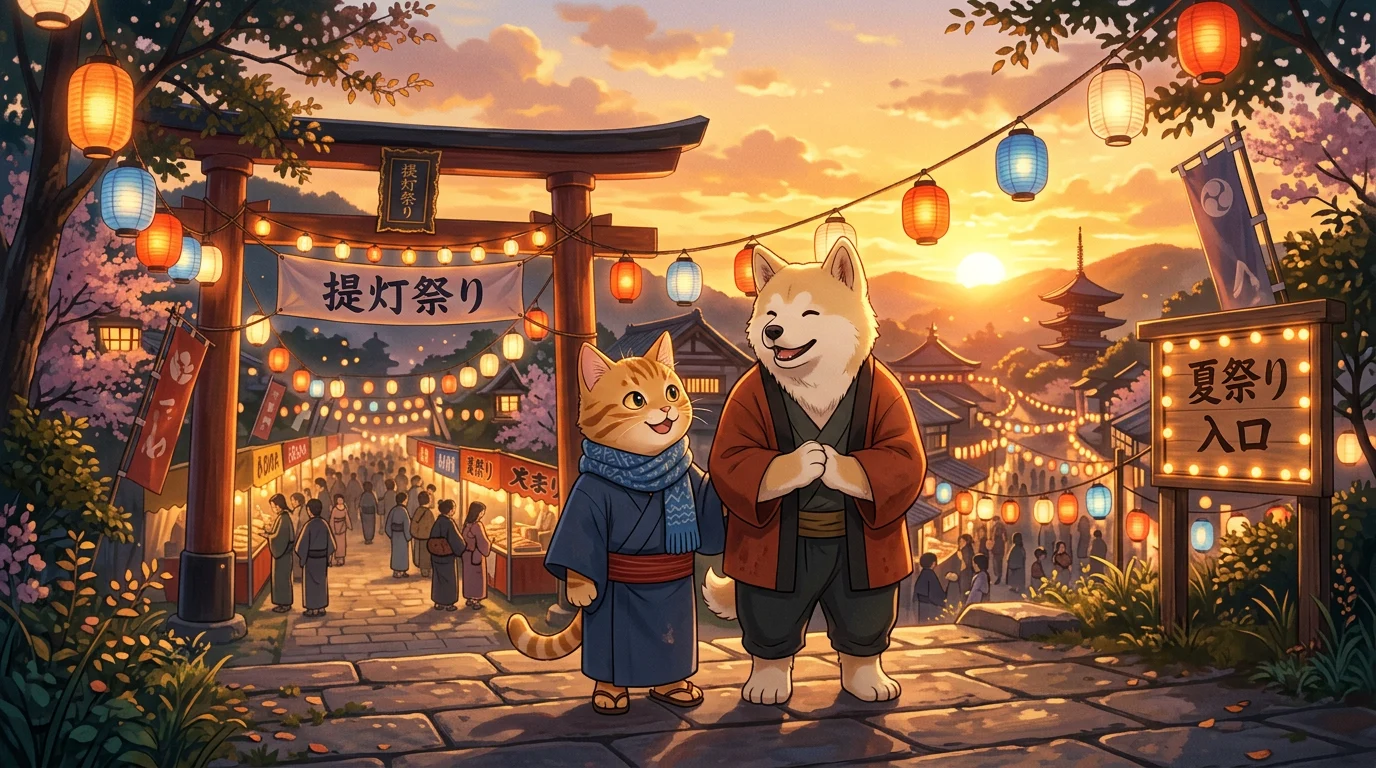 El primer fotograma: un gato atigrado naranja con bufanda azul y un perro color crema con chaqueta roja a la entrada de un festival de linternas al atardecer