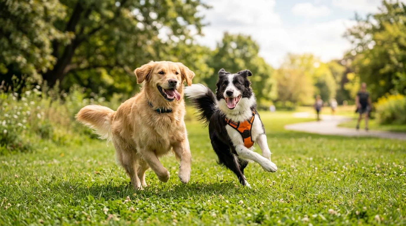 Un golden retriever y un border collie corriendo felices por el césped de un parque soleado