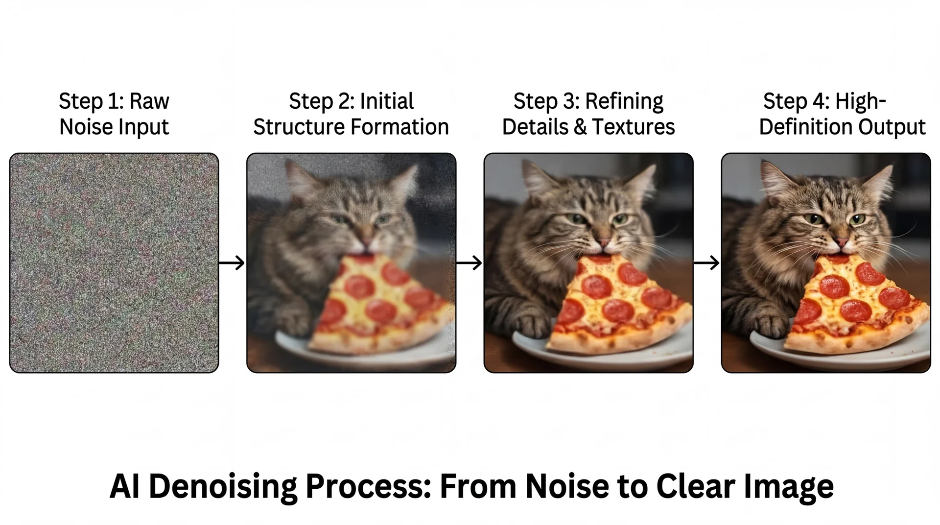 Four steps from raw noise to a sharp picture of a cat eating pizza
