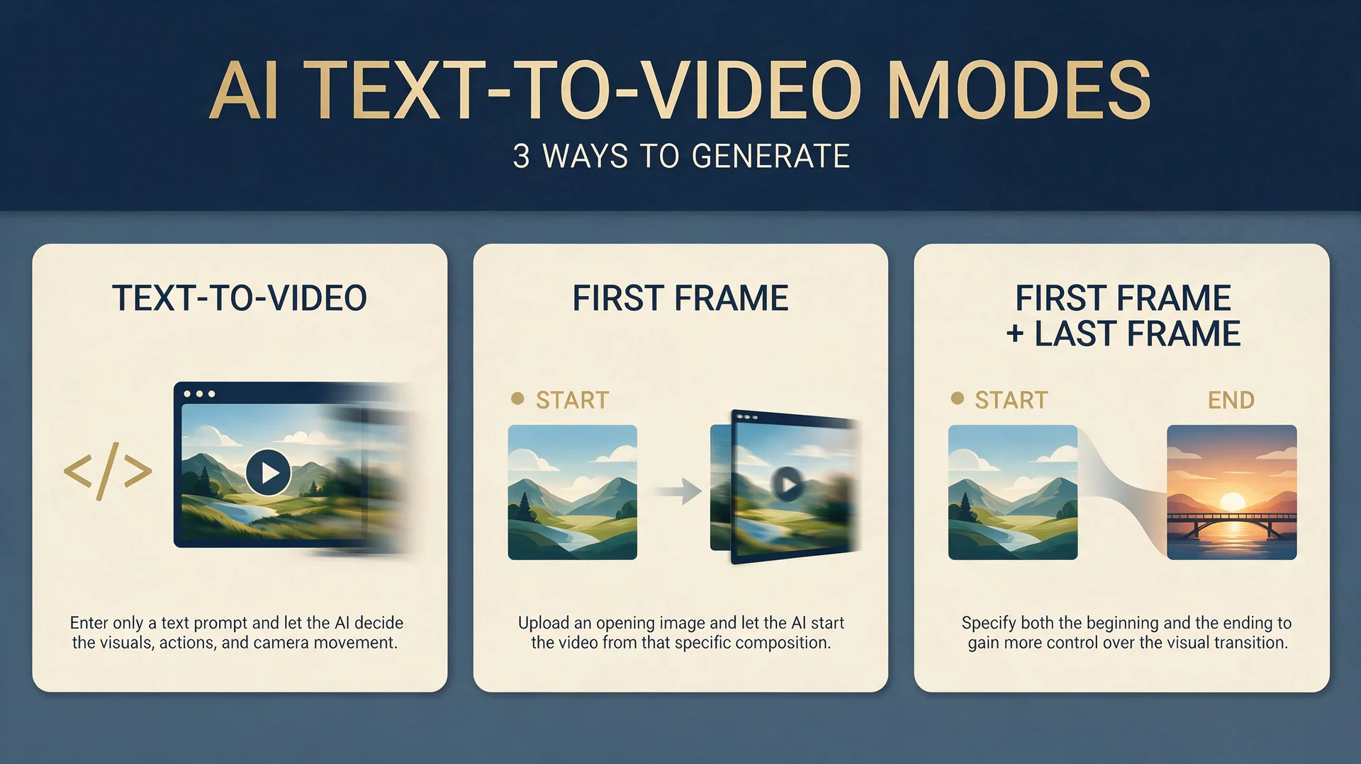 Tres formas de empezar un video con IA: solo texto, primer fotograma, y primer más último fotograma