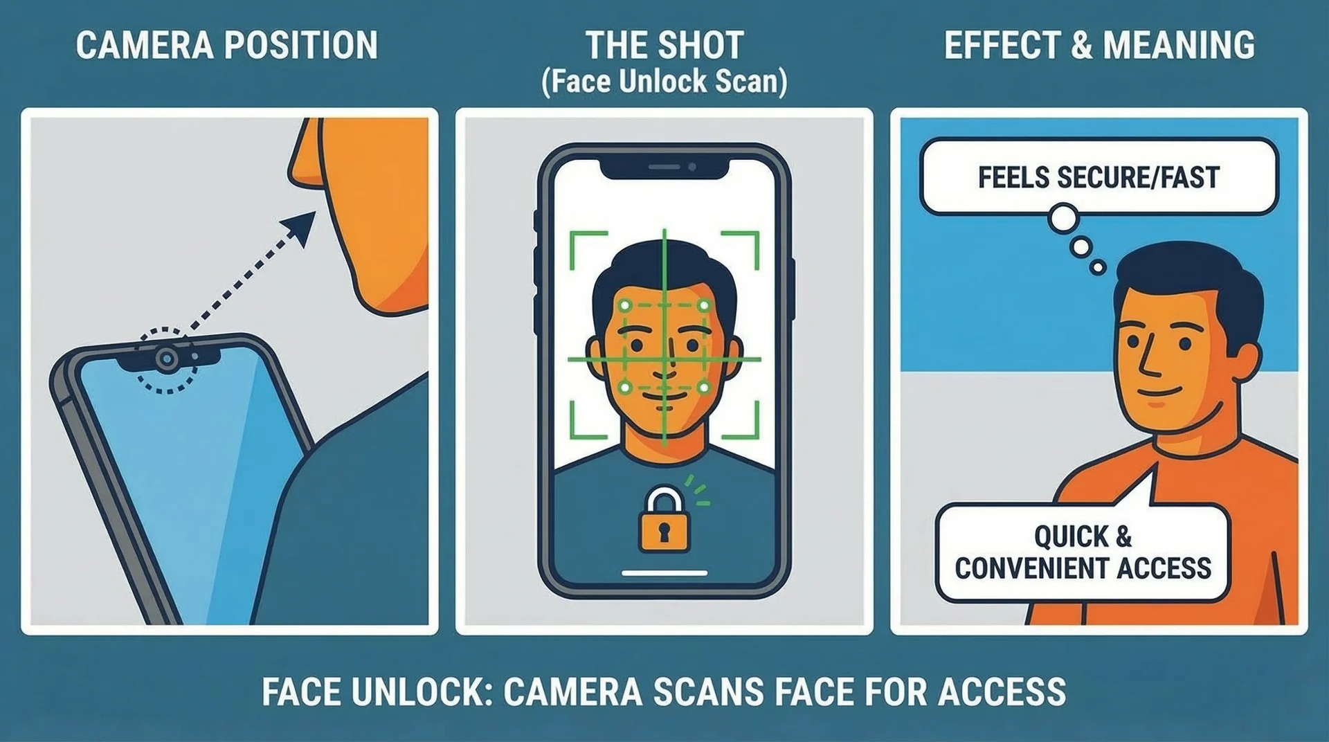 Comic panels of a phone camera scanning a face to unlock the phone