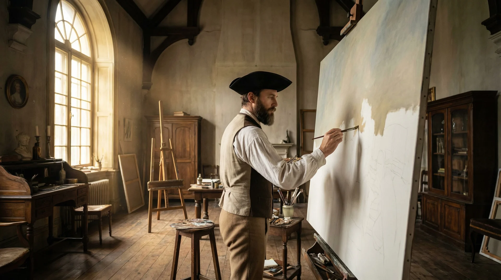 A painter adding paint to a large canvas in a studio