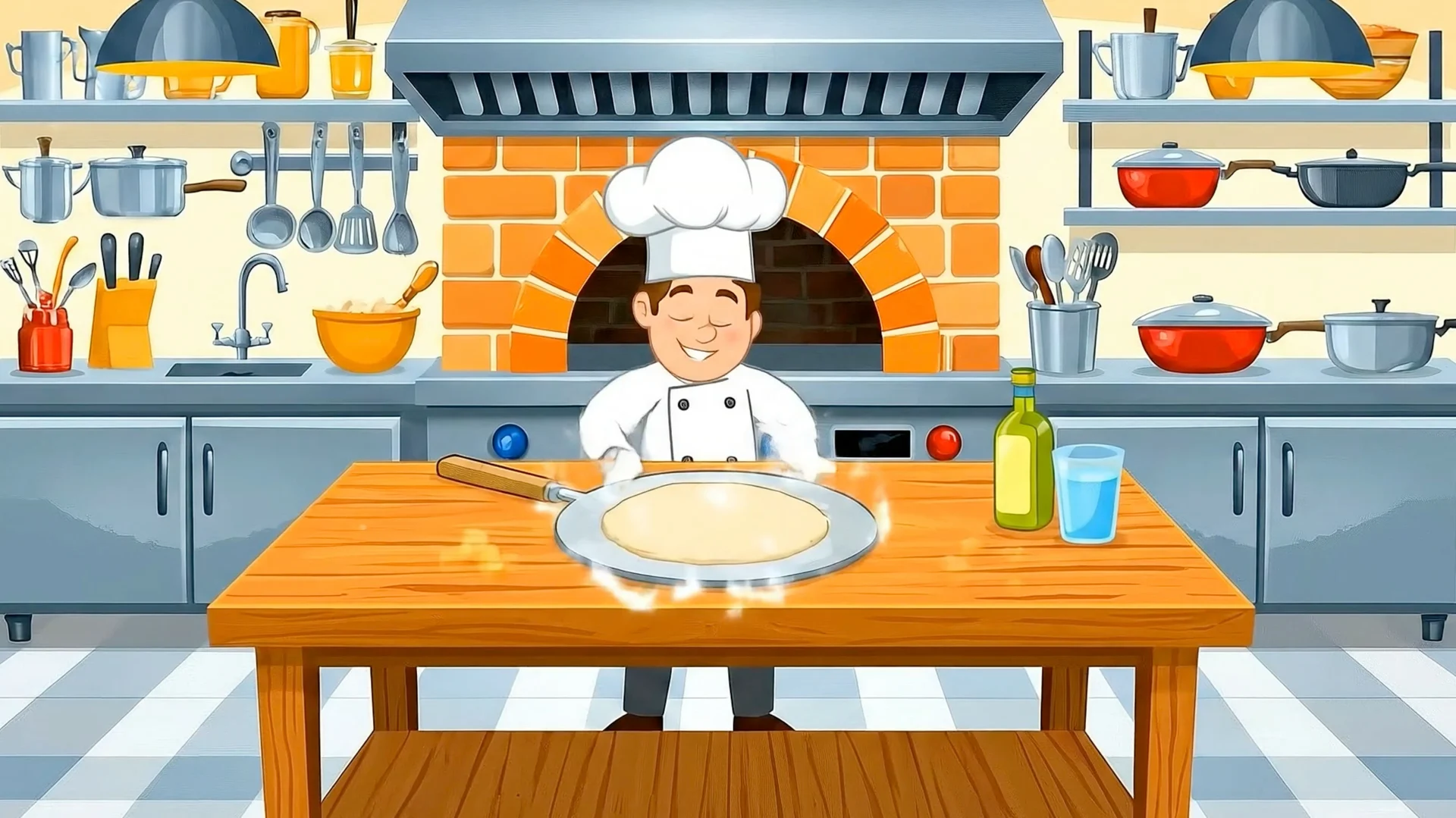 A cartoon chef stretching pizza dough in a kitchen