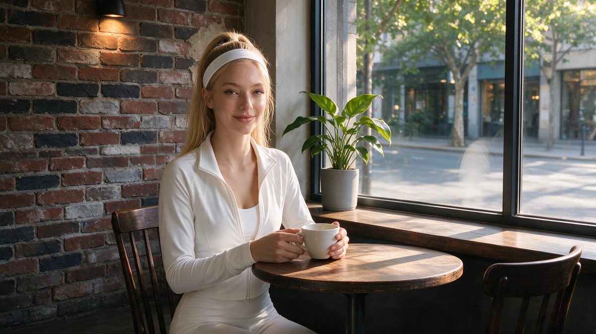 Seedream 5.0 Pro edit: the blonde woman smiling at the round cafe table with both hands on the cup, same scene and camera angle