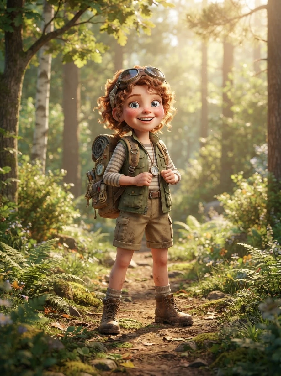 3D explorer source: a red-haired cartoon explorer with goggles and a big backpack stands smiling in a sunlit forest, facing the camera