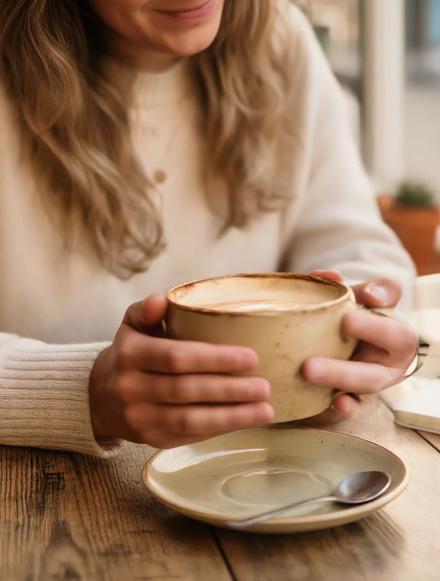 Cafe close-up: the lens has moved in on the coffee cup held in both hands, latte art, cup rim and fingers sharp, only the lower half of the face in frame
