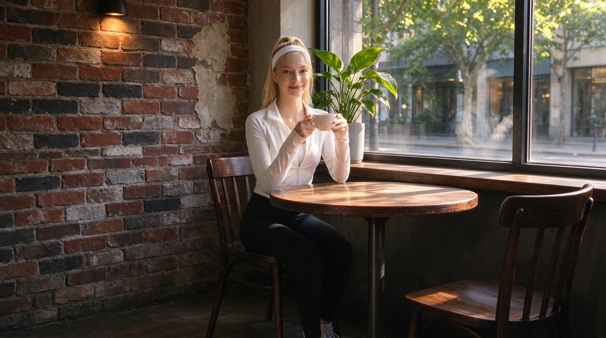 Nano Banana Pro edit: the blonde woman seated by the cafe window, holding the cup at her chest with both hands, same scene and camera angle