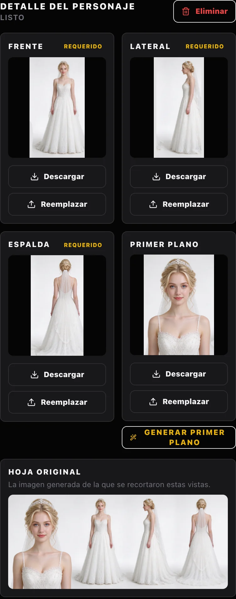 Captura del detalle del personaje: frente, lateral, espalda y primer plano de la novia, con la hoja original de la que se recortaron debajo