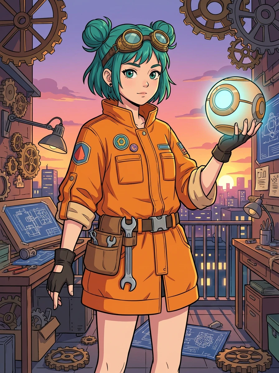 Nano Banana Pro anime character: a girl with two teal buns in an orange jumpsuit, a glowing orb in her left hand, drawn only down to the knees
