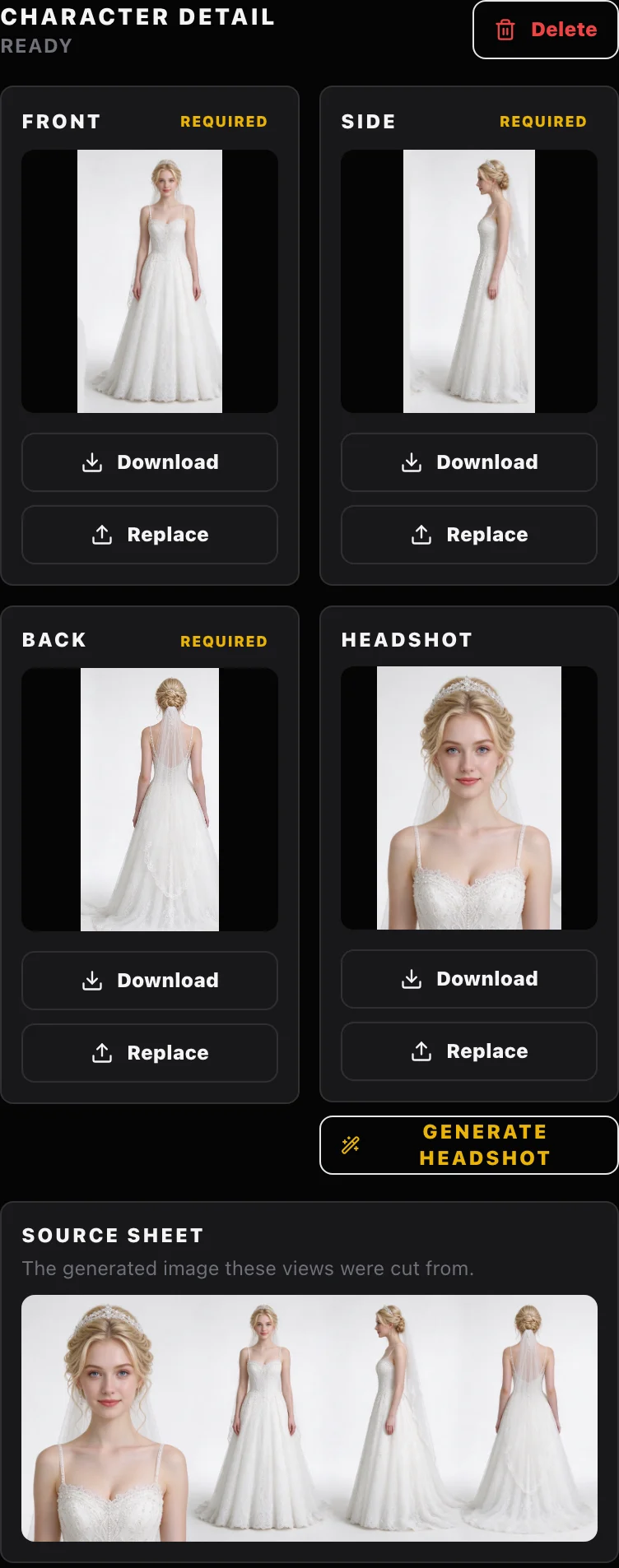 Screenshot of the Character detail: the bride's front, side, back and headshot images, with the source sheet they were cut from below