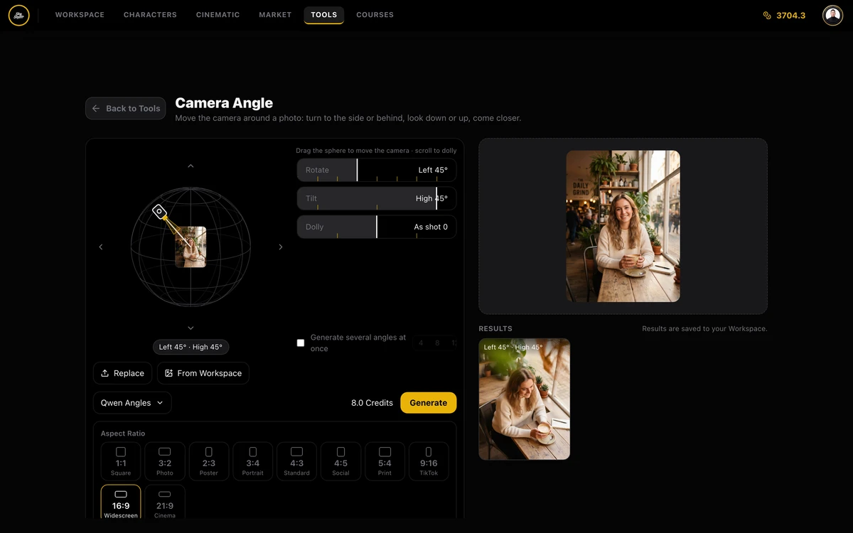 Screenshot: the Camera Angle tool page, sphere and sliders on the left set to left 45° · high 45°, the source image and the generated result on the right with the angle on the result