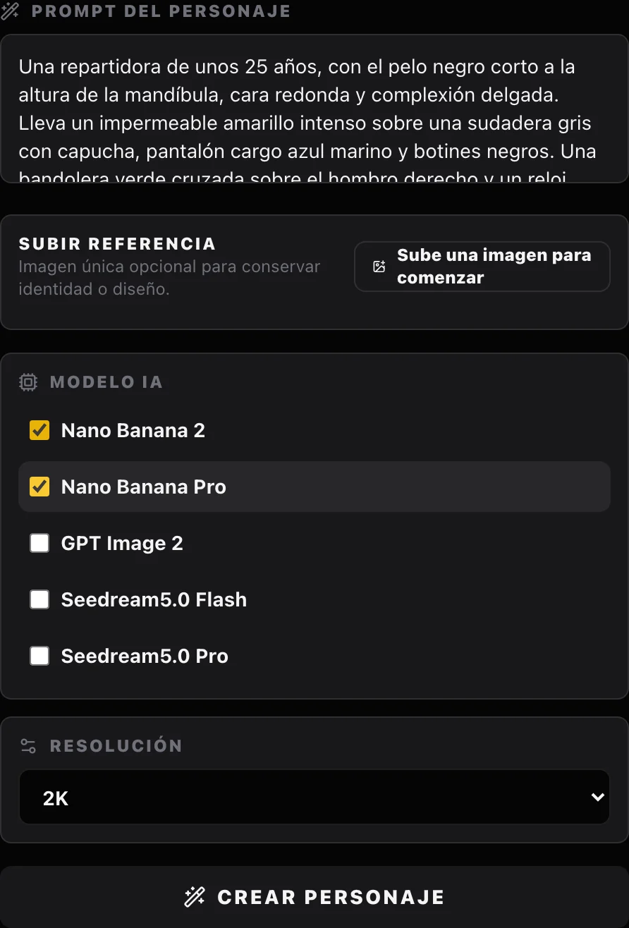 Captura del panel para crear personajes: la descripción de la repartidora en Prompt del personaje, Nano Banana 2 y Nano Banana Pro marcados y resolución 2K