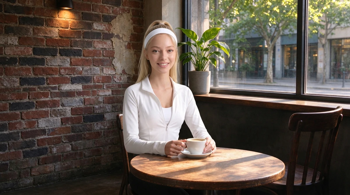 Nano Banana 2 edit: the blonde woman grinning at the round cafe table, a hand on the cup on its saucer, same scene and camera angle