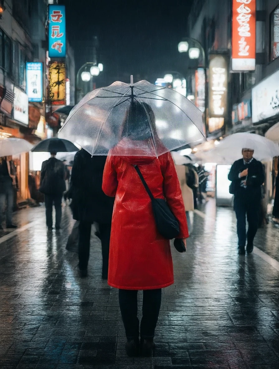 Rain behind 180°: the camera is directly behind her, showing the back of the red raincoat, the clear umbrella and a shoulder bag, the neon street ahead