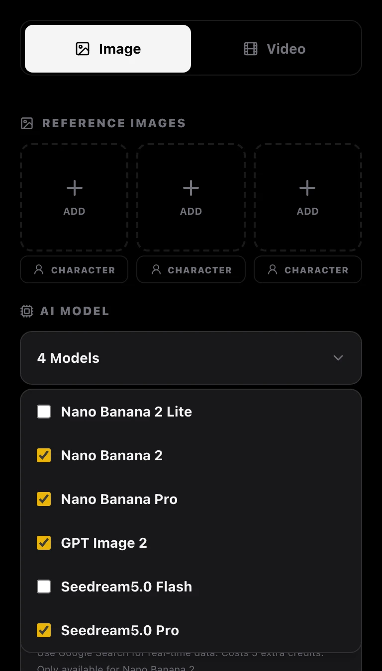 Workspace screenshot (model list): Nano Banana 2, Nano Banana Pro, GPT Image 2 and Seedream5.0 Pro ticked under AI Model
