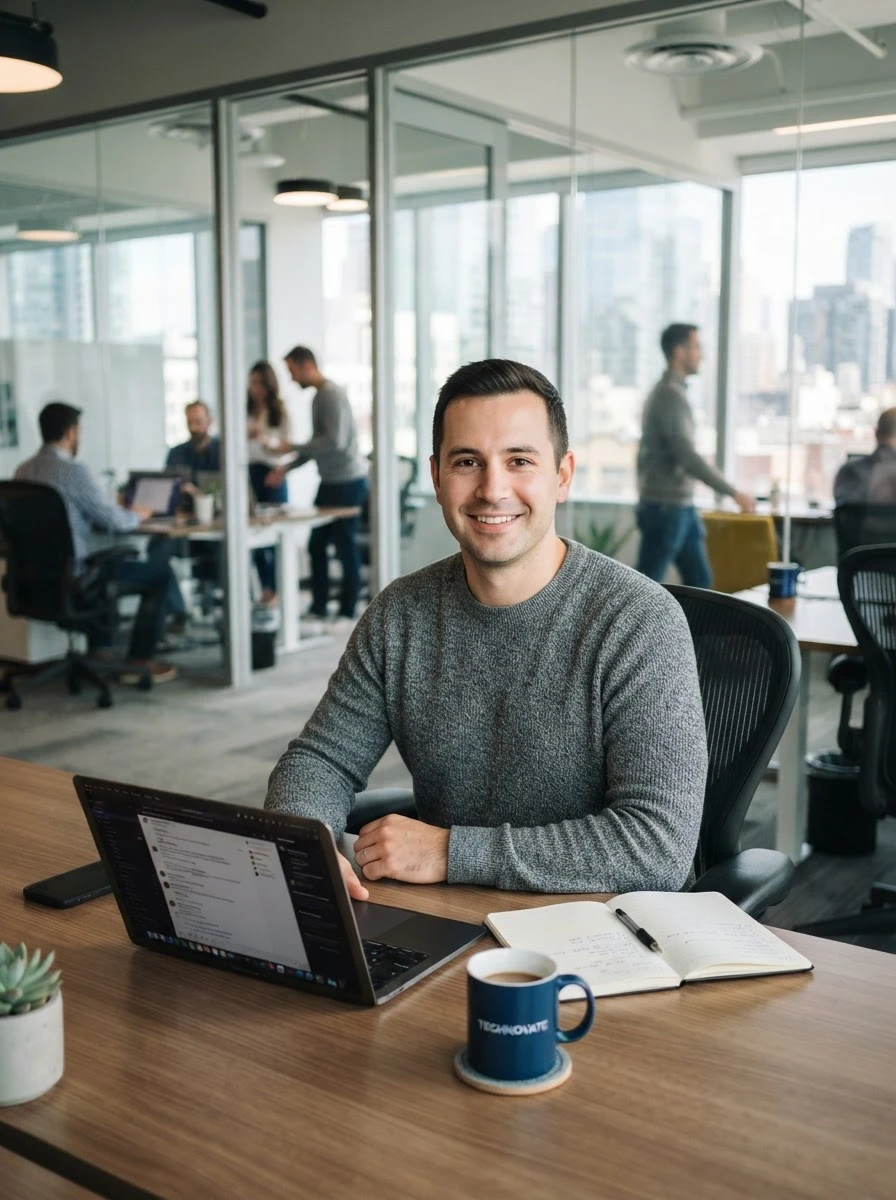 Office source: a man in a grey sweater at a desk, smiling at the camera, laptop, notebook and mug on the desk, glass walls and a city view behind him