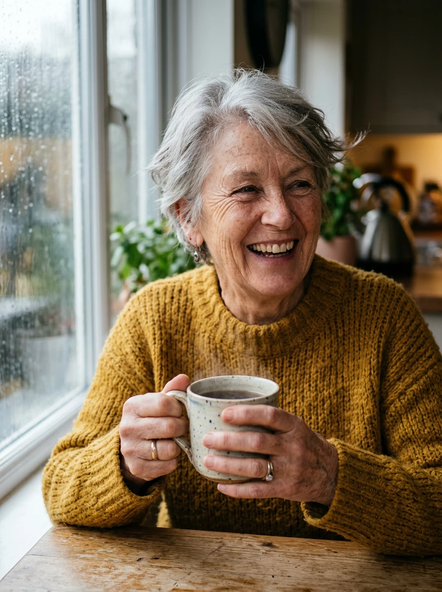 Nano Banana 2 portrait: a silver-haired woman laughing by the kitchen window, with the wooden table and a kettle in view