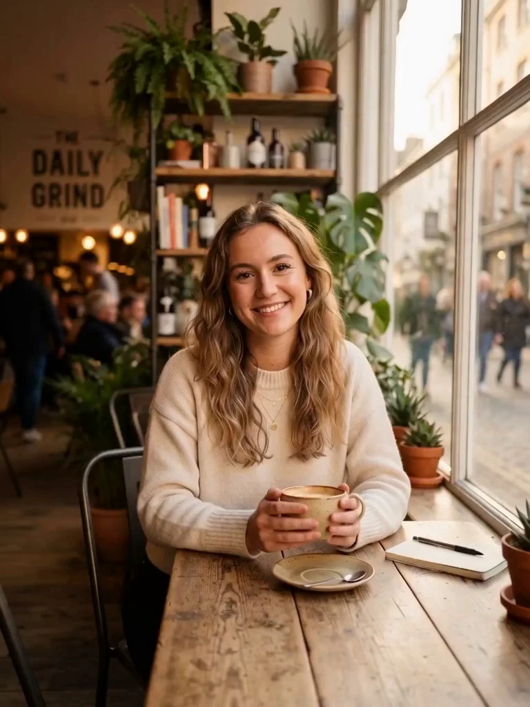 H3 at 0 s: the cafe woman faces the camera holding her cup and smiling, matching the source