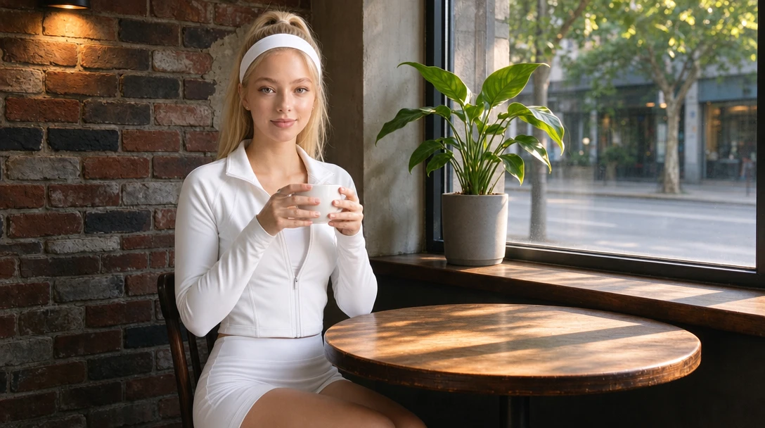 GPT Image 2 edit: the blonde woman holding the cup in both hands at a cafe table, with the camera closer than in the original scene