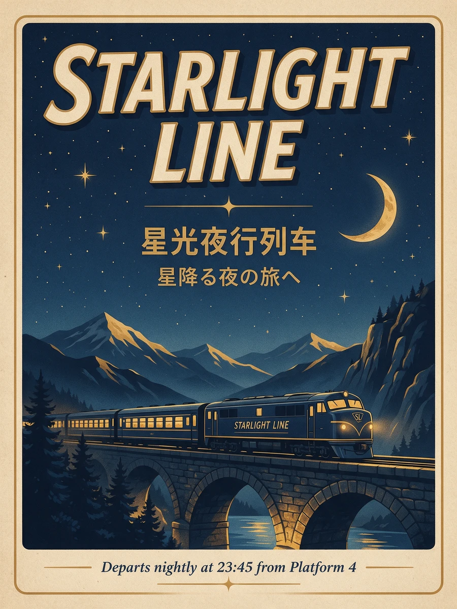 Seedream 5.0 Pro poster: italic title STARLIGHT LINE on two lines, Chinese and Japanese below, a train crossing a stone arch bridge