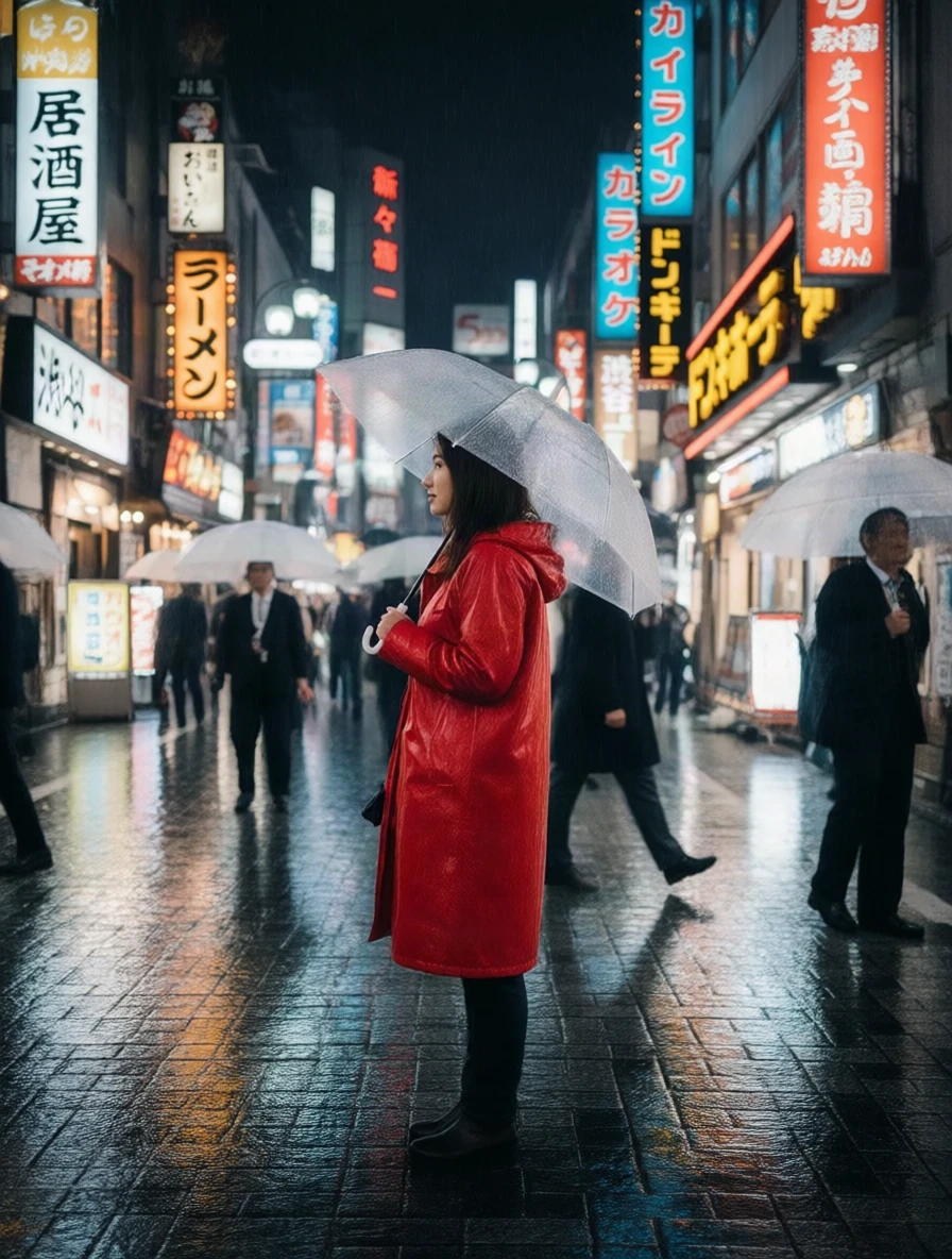 Rain right 90°: the camera has moved to her side, she stands in profile in the middle of the street, which now runs left to right, signs and people in new places