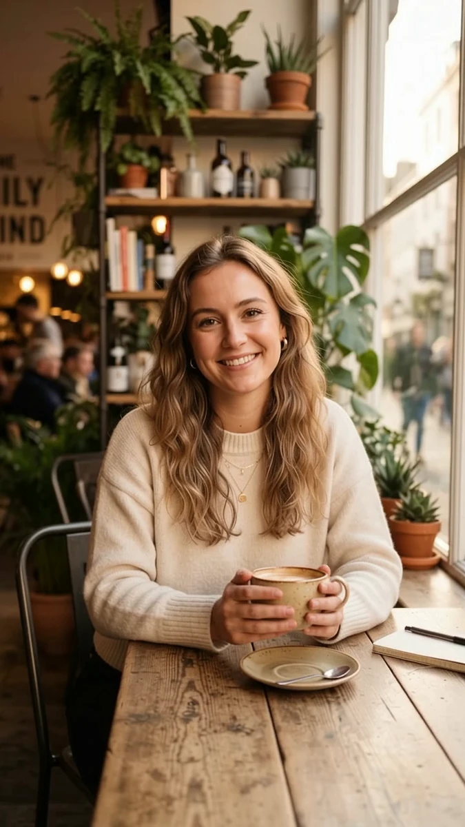Omni at 0 s: the cafe woman faces the camera holding her cup, shelves and window matching the source