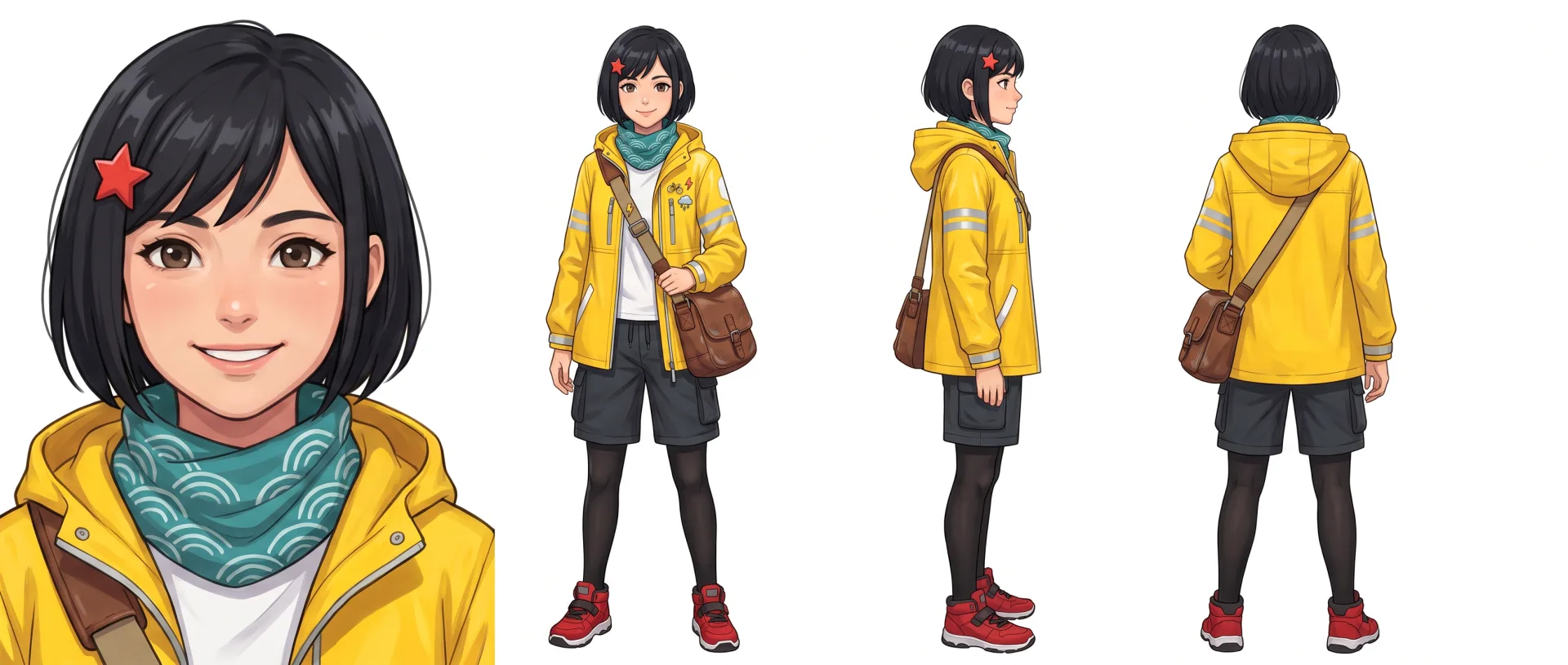 Nano Banana Pro: hoja de cuatro vistas a partir de la imagen de referencia, la chica del impermeable amarillo