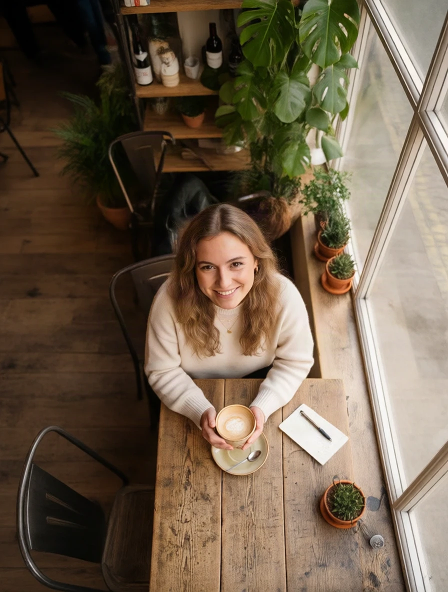 Cafe high 45°: the camera is raised and looks down, the woman looks up smiling, the wooden floor, the whole table top, small plants and the window sill visible