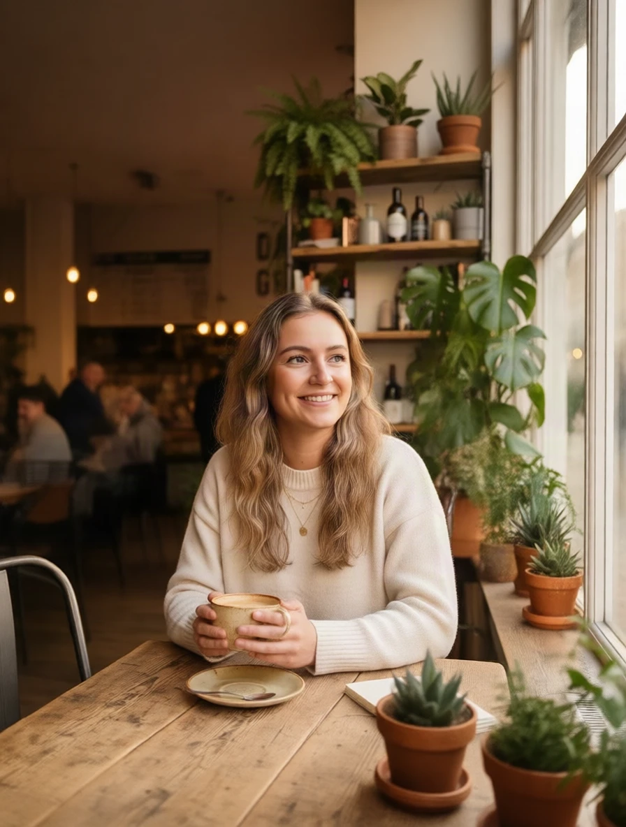 Cafe right 90°: the camera has moved to her side, she sits in profile holding the cup, the window in front of her and the shelves behind