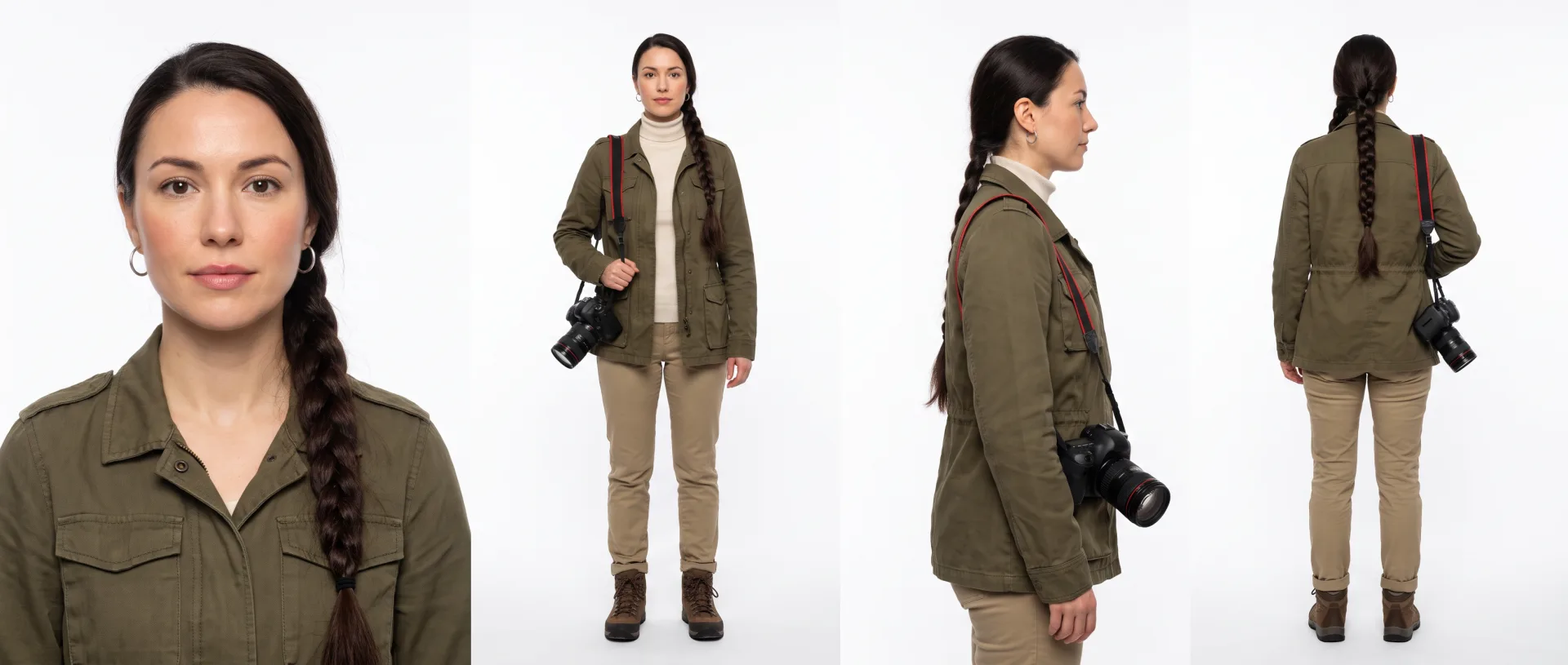Nano Banana Pro: hoja de cuatro vistas a partir de la descripción, una fotógrafa con chaqueta verde oliva y cámara