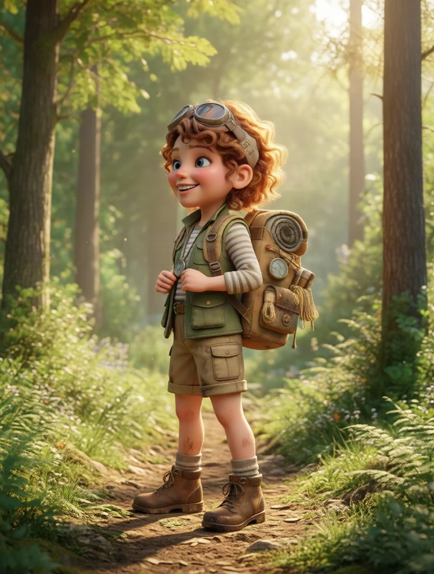 3D explorer right 90°: the cartoon explorer in profile facing left on the forest path, backpack and goggles seen from the side