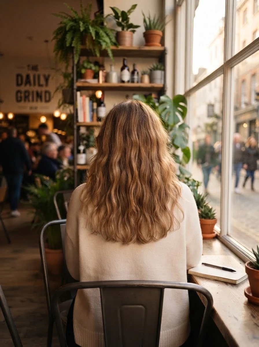 Cafe, Nano Banana 2 Lite from behind: the long-haired woman sits with her back to us at the window table, the THE DAILY GRIND shelf (cafe sign) and plants still behind her