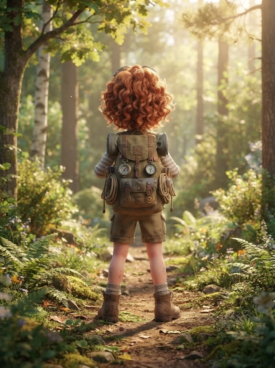 3D explorer, Nano Banana 2 Lite from behind: the cartoon explorer from the back, the big backpack towards us, the forest path still ahead