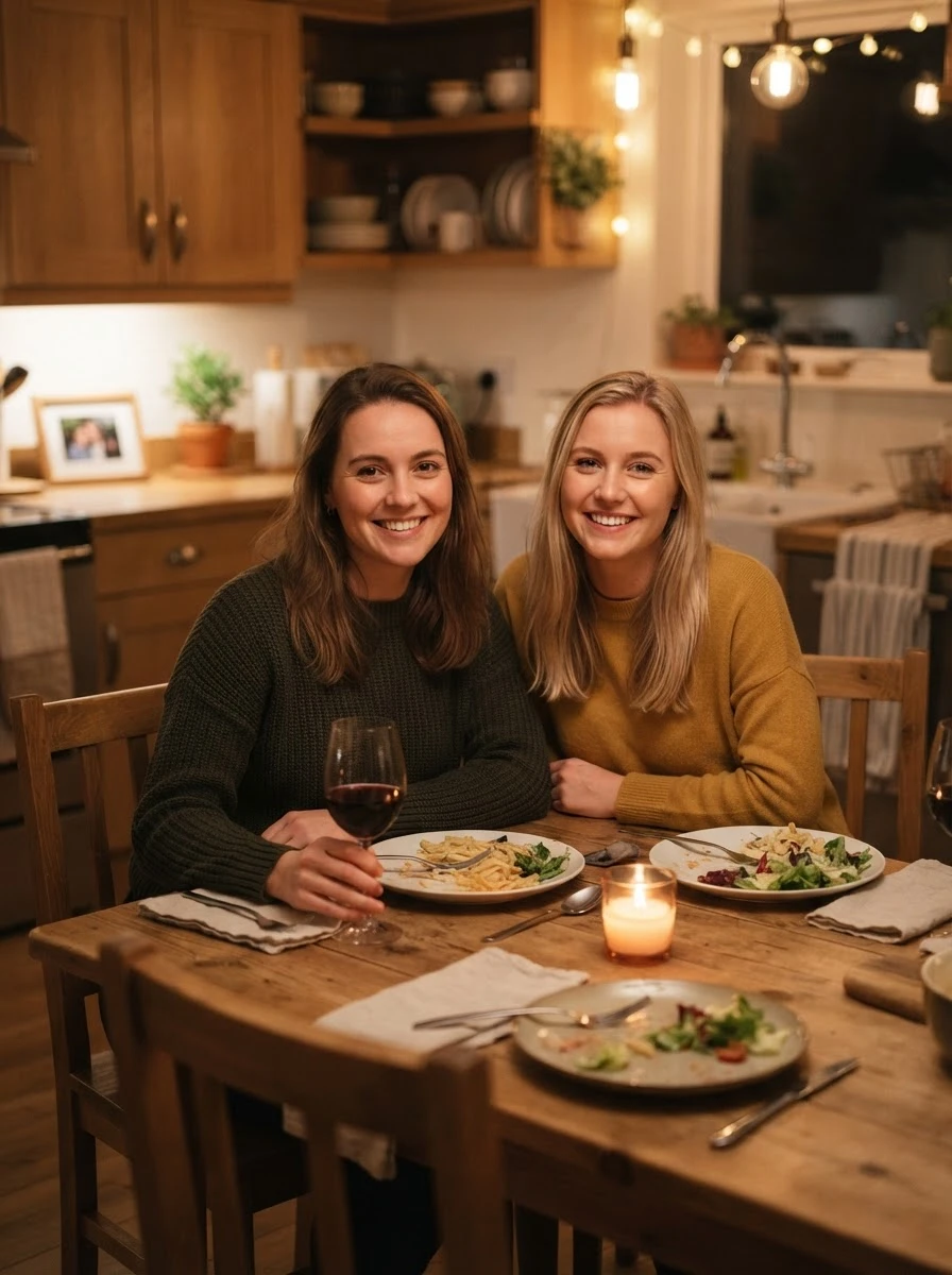 Dinner table source: two friends side by side at a home dining table smiling at the camera, plates, glasses and a candle on the table, the kitchen behind them