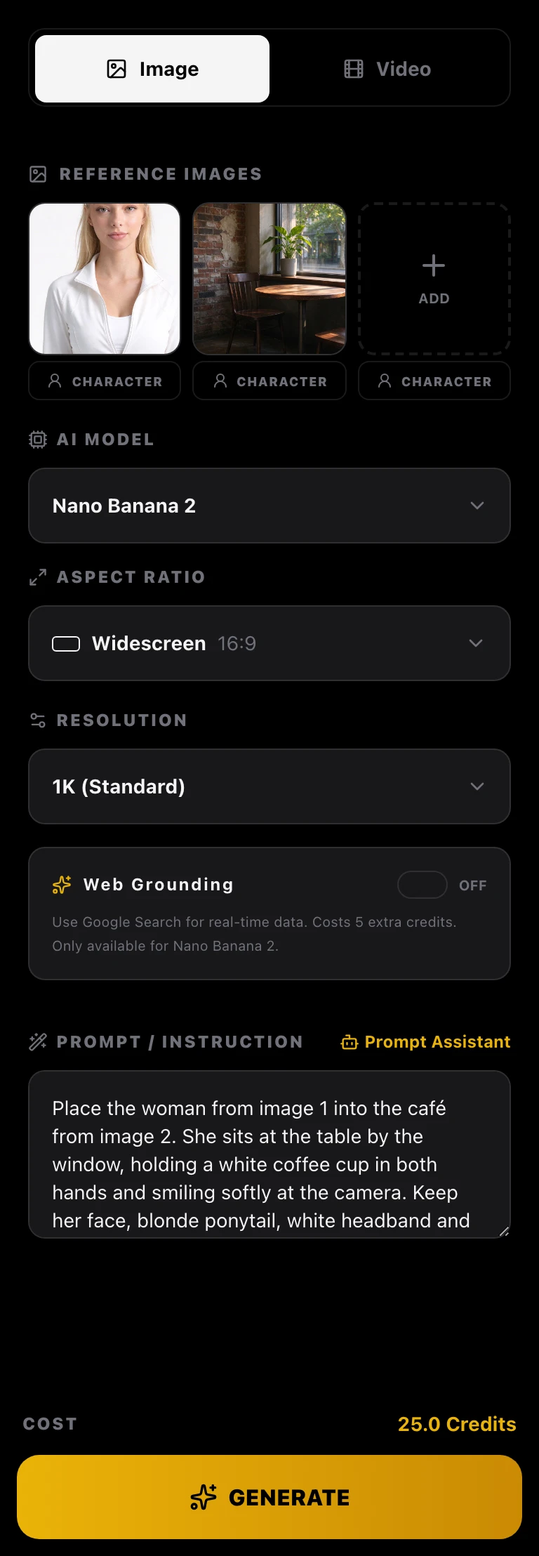 Workspace screenshot (edit settings): two reference images, the person and the scene; the prompt names image 1 and image 2; 16:9, 1K, and the cost at the bottom