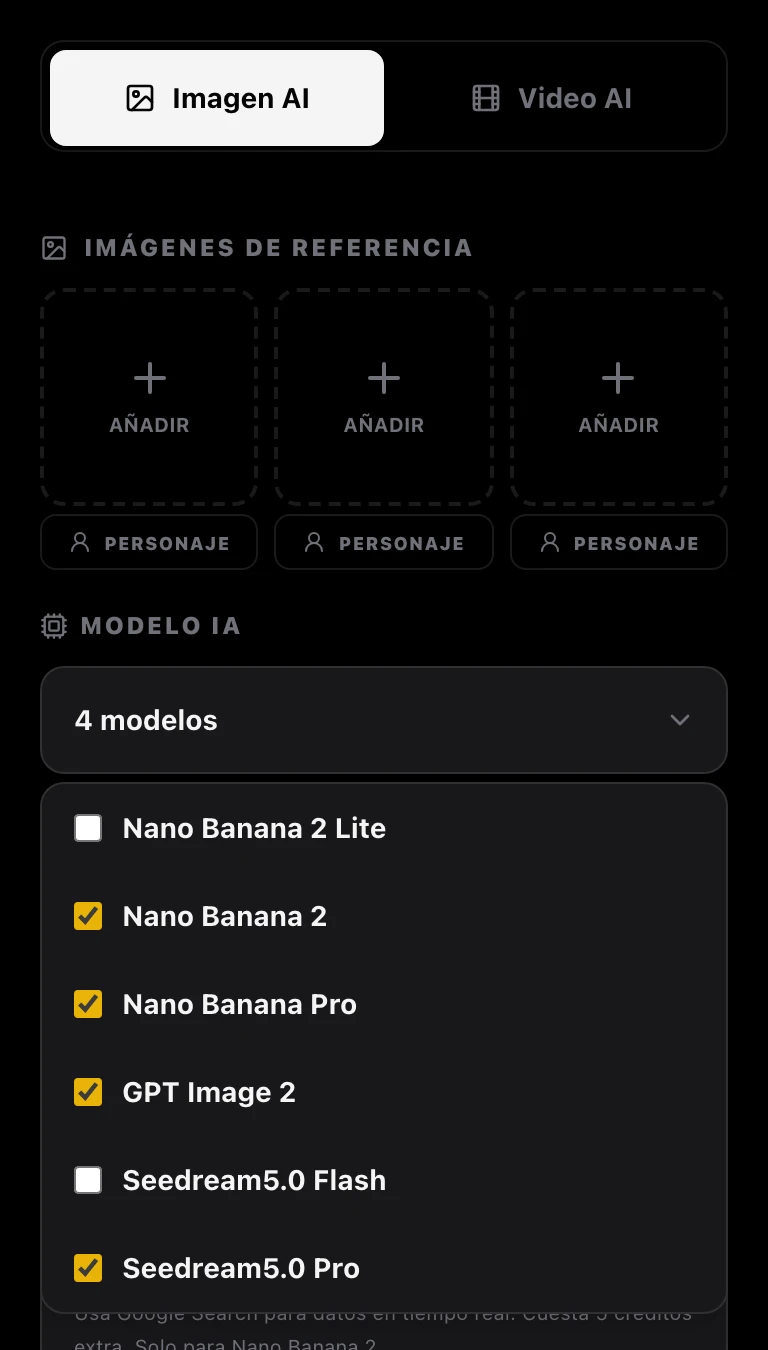 Captura del espacio de trabajo (lista de modelos): en Modelo IA están marcados Nano Banana 2, Nano Banana Pro, GPT Image 2 y Seedream5.0 Pro