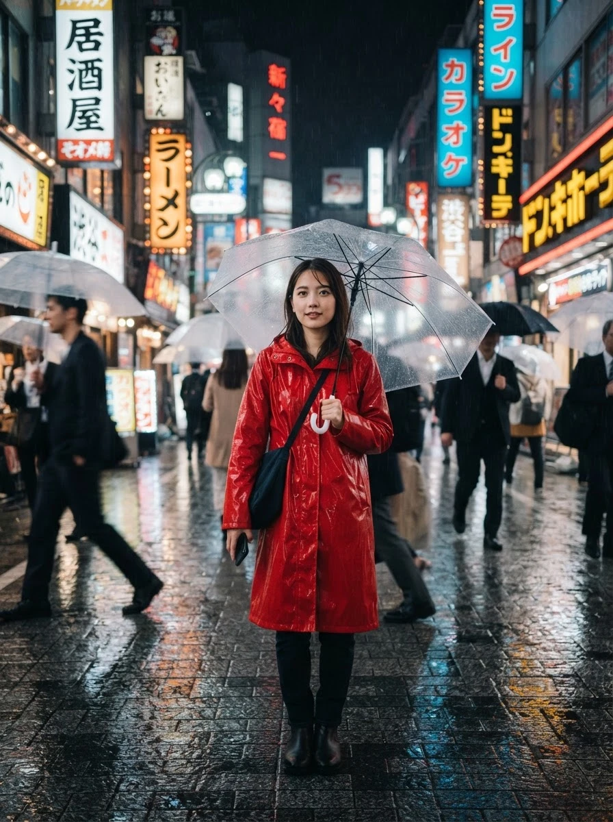 Rain source: a woman in a red raincoat holding a clear umbrella on a rainy Tokyo street at night, facing the camera, neon signs and passers-by behind her
