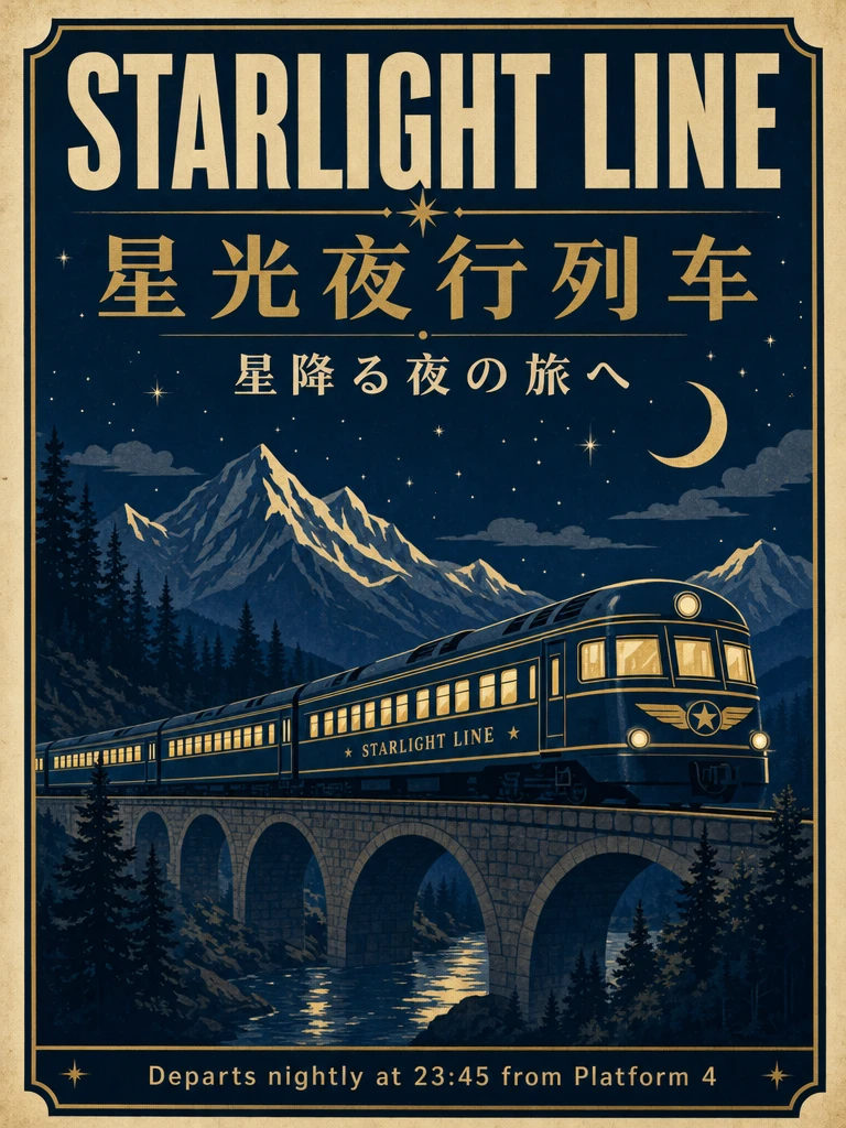 GPT Image 2 poster: title STARLIGHT LINE, a decorative rule between the Chinese and Japanese, a train on a stone bridge with STARLIGHT LINE on its side