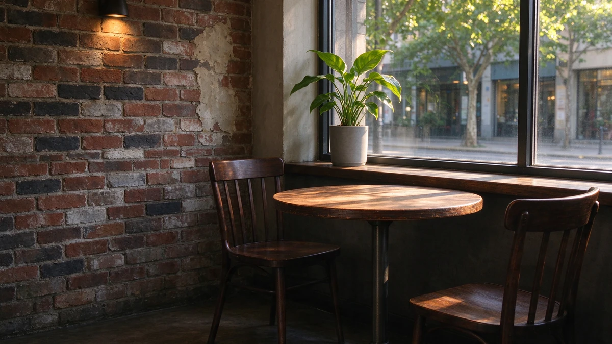Reference image 2: an empty corner of a cafe with a brick wall, a wall lamp, a round wooden table, two chairs and a big window onto the street